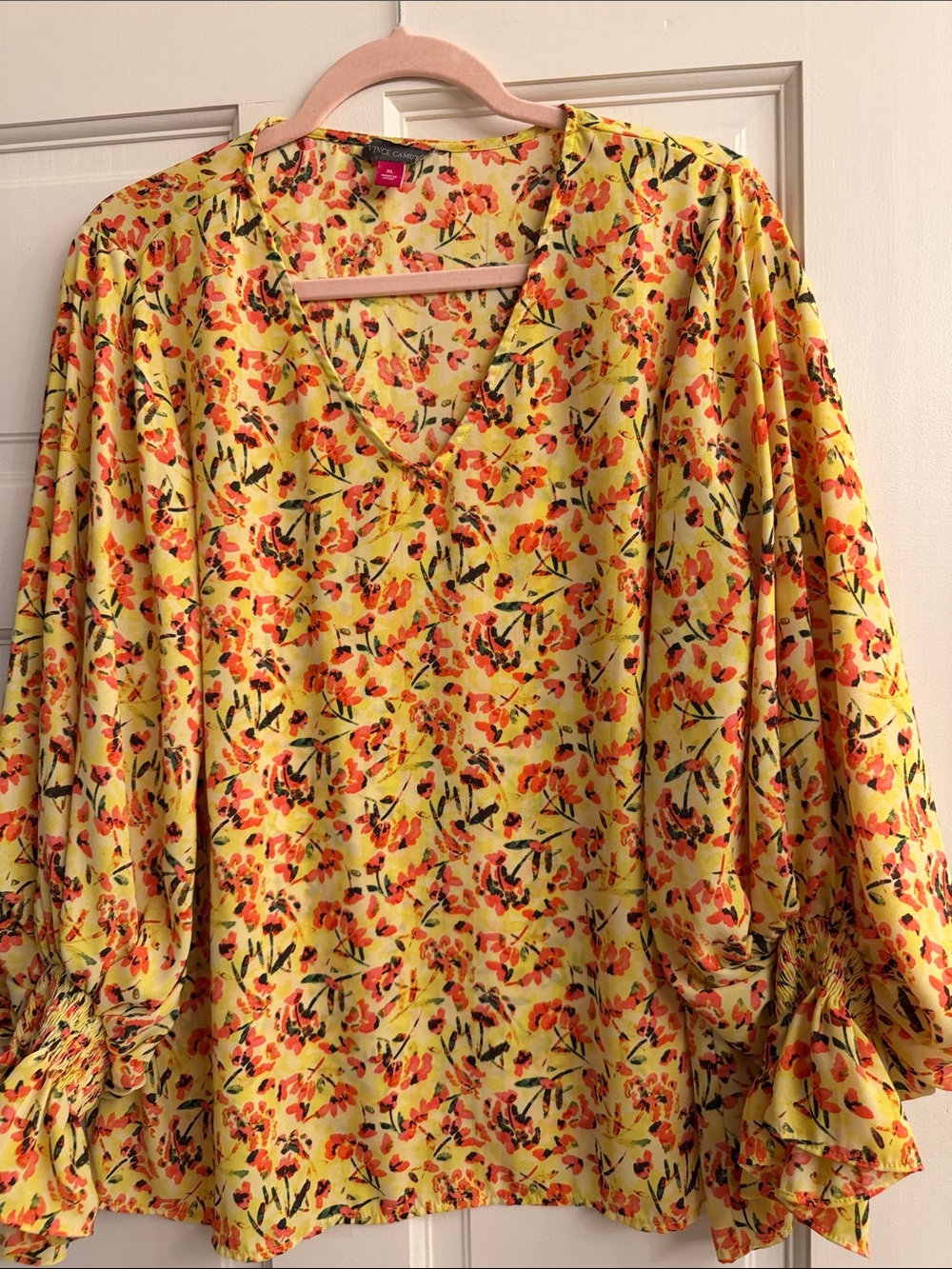 Vince Camuto Yellow Floral V-Neck Peasant Blouse
